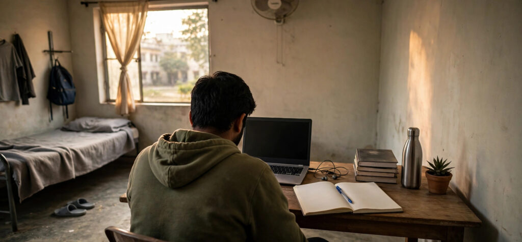 Indian student doing online jobs without investment from a hostel room laptop