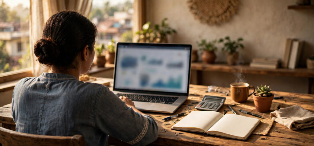Indian freelancer receiving international payments on a laptop at home
