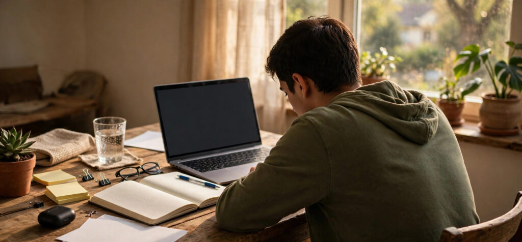 Beginner in India learning freelance skills on laptop at home desk