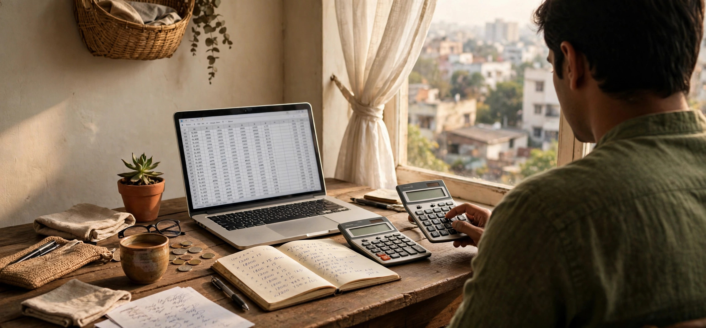 Beginner freelancer in India calculating hourly rates at home desk