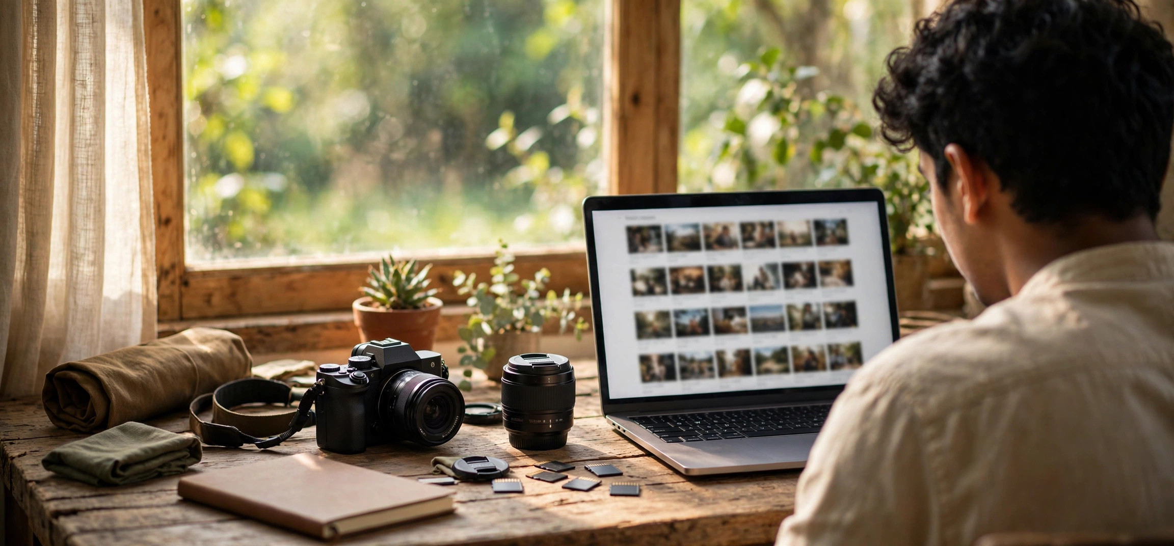 Beginner learning to sell photos online with a camera and laptop setup in India