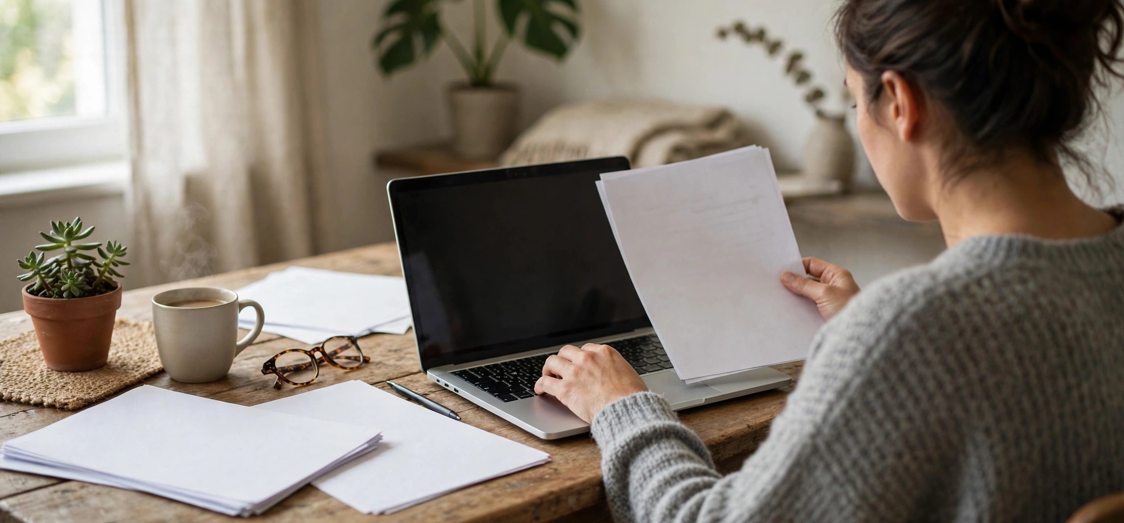 Beginner doing data entry jobs from home on a laptop with spreadsheet