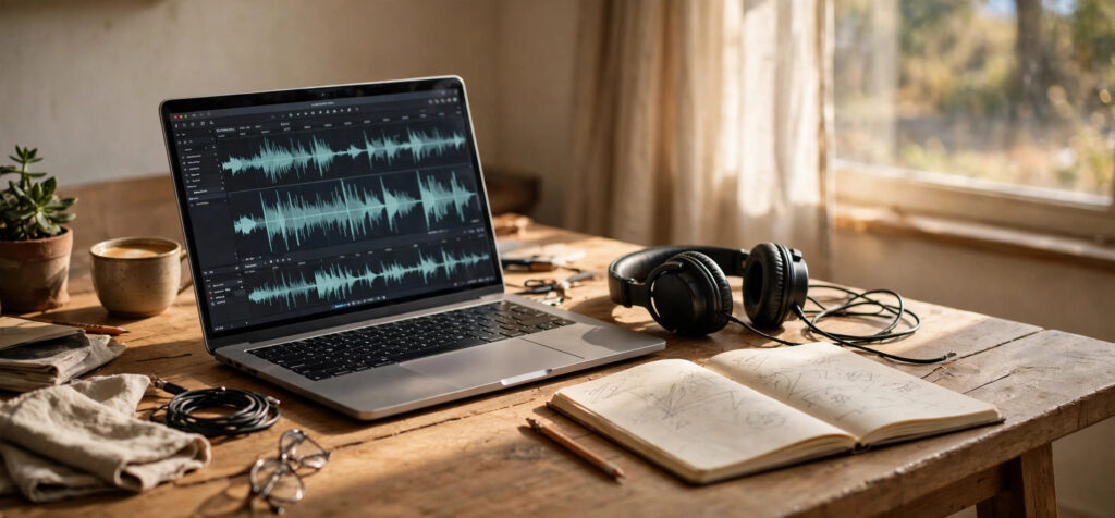 Beginner doing transcription jobs from home with headphones and laptop