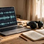 Beginner doing transcription jobs from home with headphones and laptop