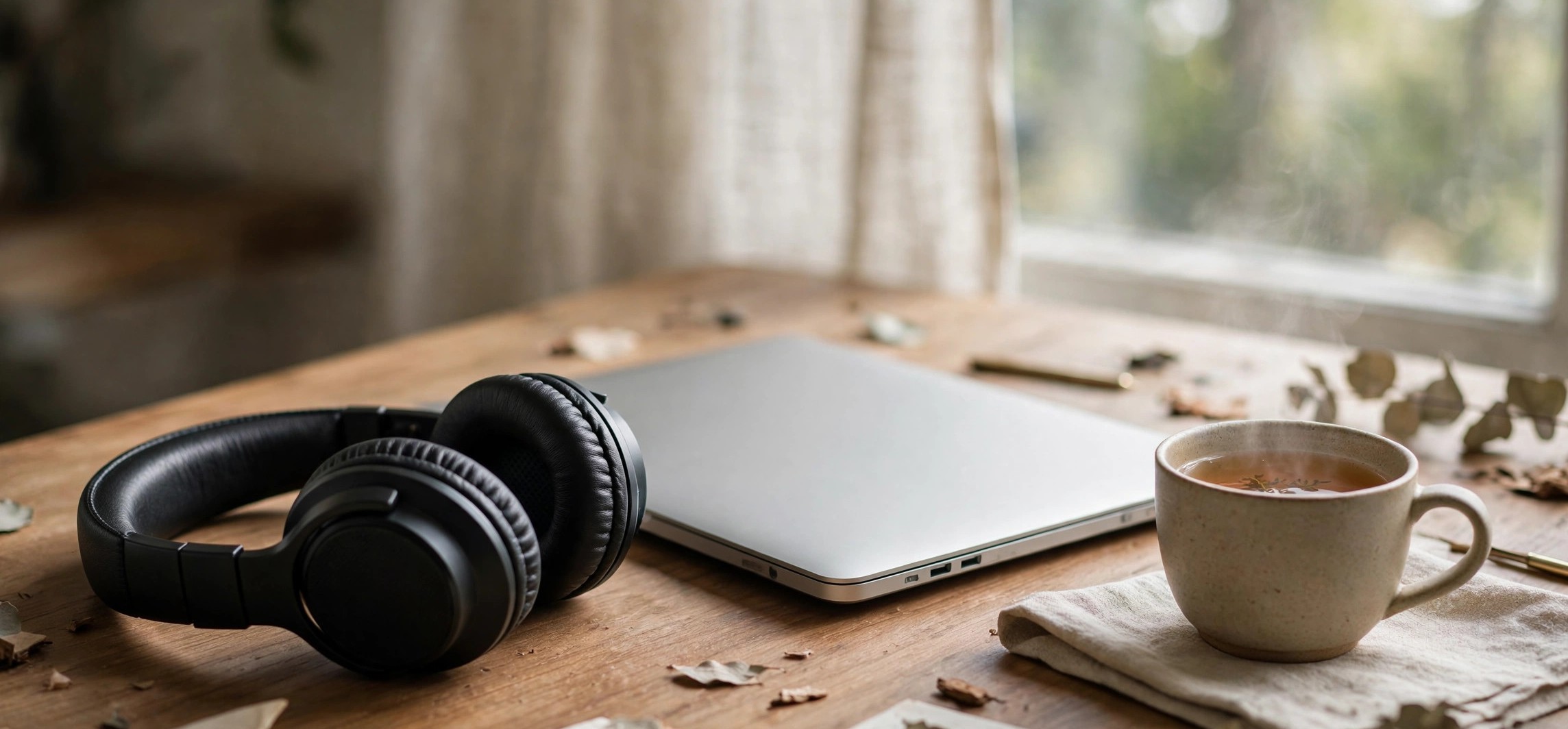 Beginner doing transcription jobs from home with headphones and laptop