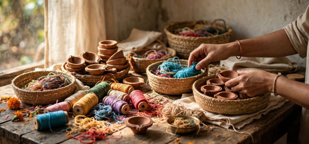 Beginner learning to sell handmade crafts online in India with artisan workspace